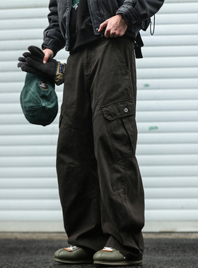 美式复古310G水洗两侧斜口袋弯刀工装裤男宽松质感休闲阔腿长裤潮
