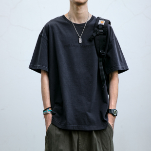 镜像字母印花圆领T恤潮 新款 280克重磅成衣蜡染水洗做旧短袖 男夏季