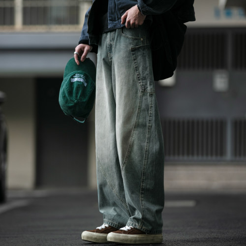 重磅水洗做旧立体挺阔怀旧蓝牛仔裤男潮牌宽松解构设计廓形弯刀裤