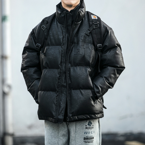 日系潮牌PU皮钢印工装皮棉衣冬季情侣宽松立领面包服加厚机车棉服