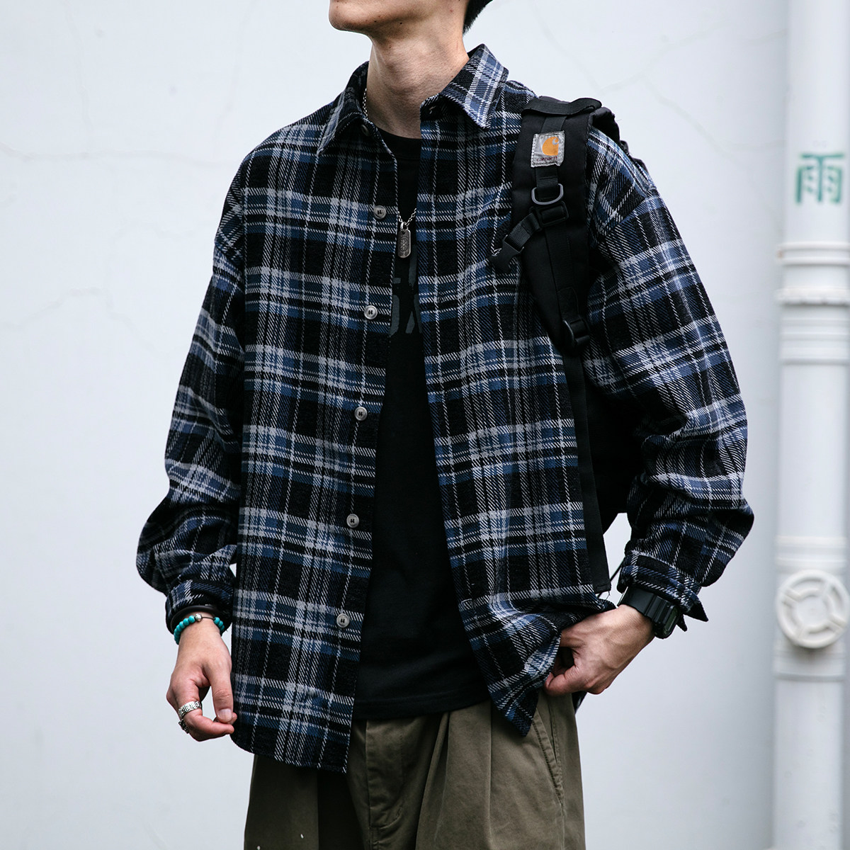 美式复古潮牌宽松大码格子衬衫男女可穿秋冬百搭外套可内搭寸衫潮