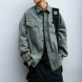 宽松翻领工装 日系复古水洗做旧牛仔衬衫 男春秋新款 衬衣休闲薄外套