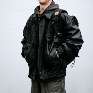 美式 宽松黑色痞帅机车服翻领上衣外套潮 复古PU皮衣夹克男春秋新款