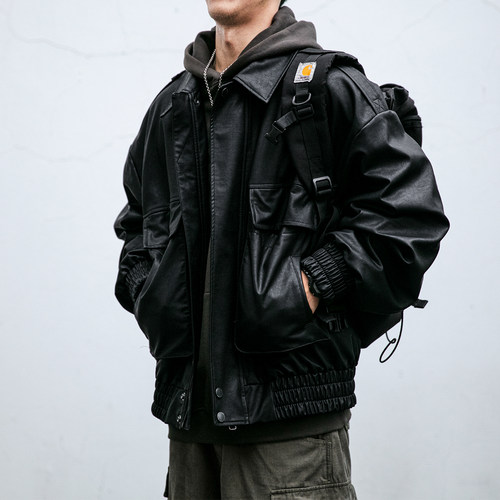 防风美式潮牌翻领宽松皮衣