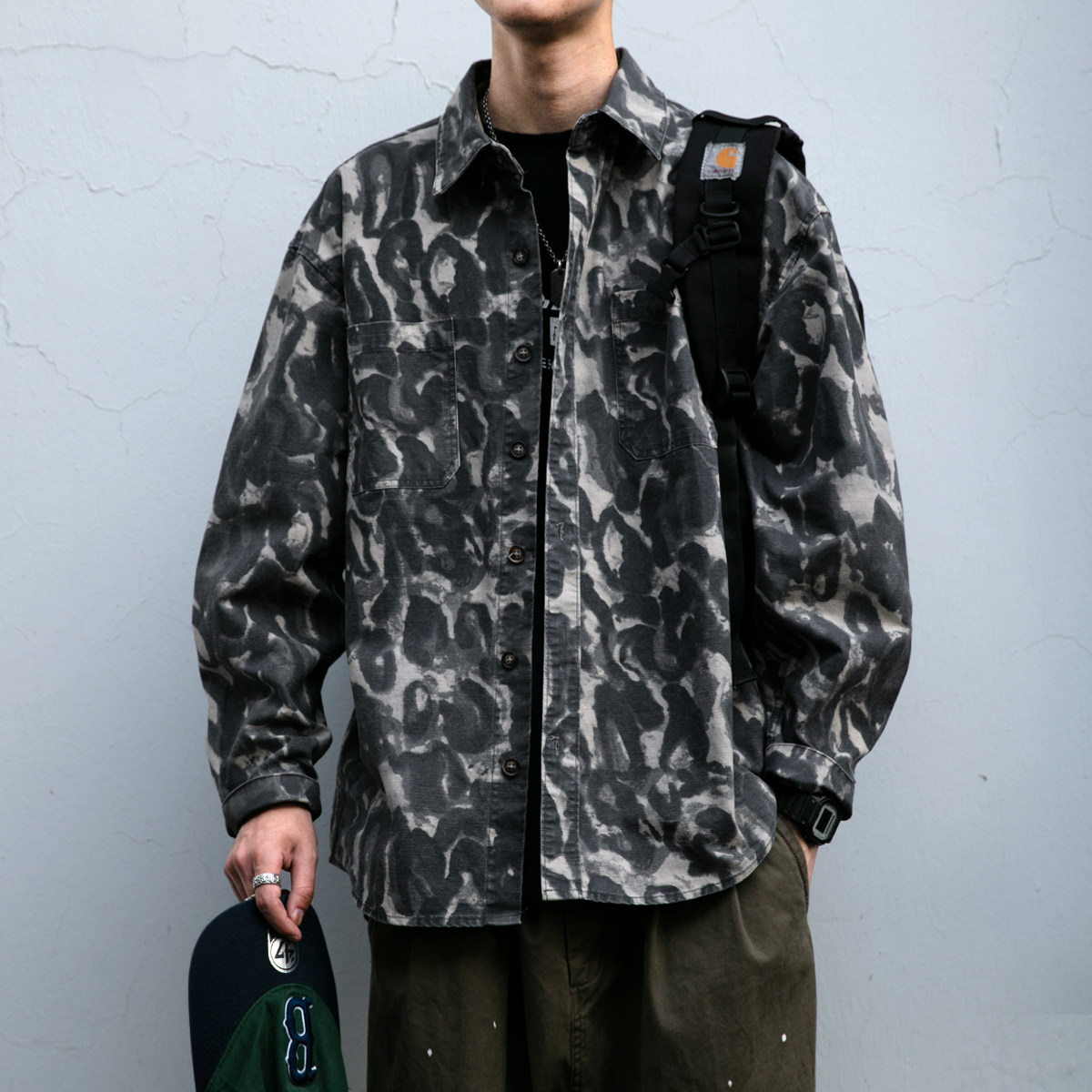 290克重磅水洗做旧迷彩工装衬衫男春秋新款潮流痞帅翻领衬衣外套