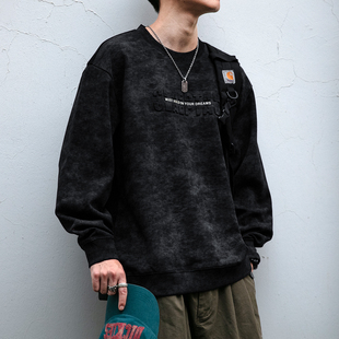 400G斑驳感扎染做旧字母钢印圆领卫衣男宽松做旧百搭休闲套头上衣