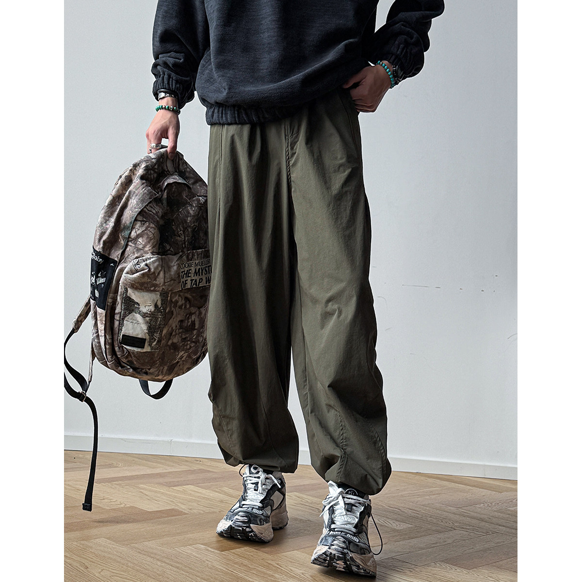 可调节裤脚 美式复古堆积垂感廓形哈伦裤男女宽松褶皱工装拖地裤,男装,休闲裤,淘宝优惠券,粉丝福利购,淘宝优惠卷