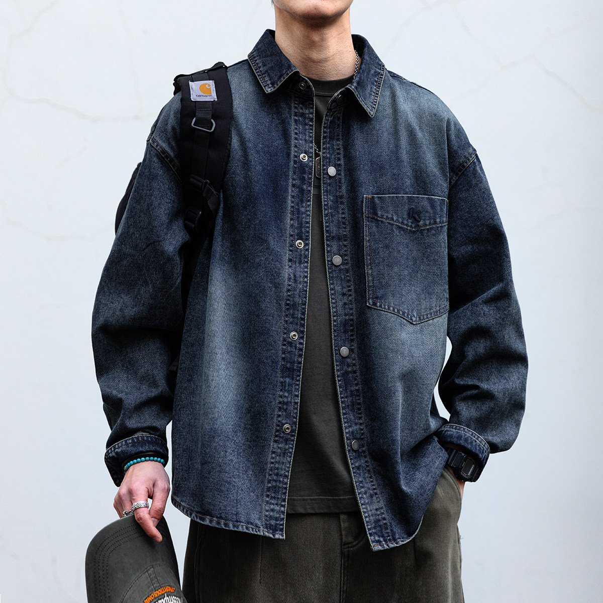 【石磨水洗】美式复古做旧牛仔衬衫长袖外套男潮牌宽松休闲质感