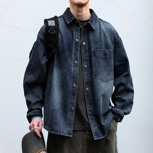 【石磨水洗】美式复古做旧牛仔衬衫长袖外套男潮牌宽松休闲质感
