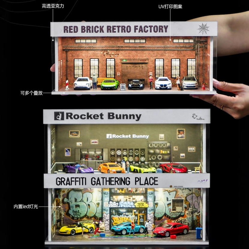 1比64仿真合金车模停车场车库改装店场景模型小汽车收纳架展示盒