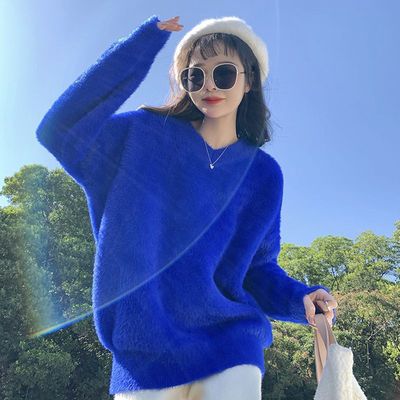 白色水貂绒领毛衣女中长款2025秋冬新款宽松慵懒风针织衫上衣厚