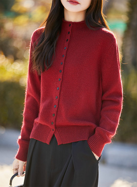 新款上衣本命年红色加厚针织开衫女半高领方扣毛衣外套百搭上衣