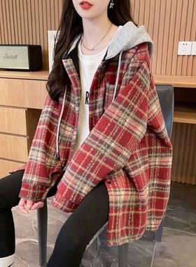 冷淡系高级感格子衬衫小香风红色外套女新款秋冬季加绒显瘦上衣女