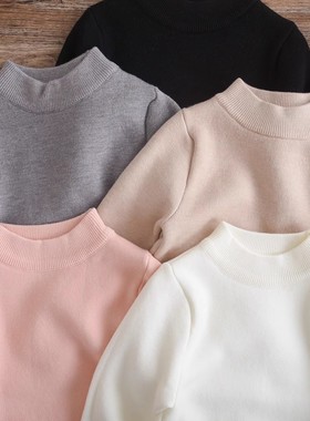 儿童半高领一体绒毛衣冬季黑白色百搭男女童加绒针织套头打底衫