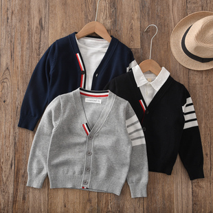 男童V领针织开衫纯棉春秋款学院风儿童外搭毛衣外套男宝宝线衣A类