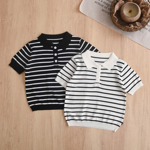好穿w能搭~夏季男童冰丝针织polo衫短袖复古时尚儿童宝宝条纹t恤