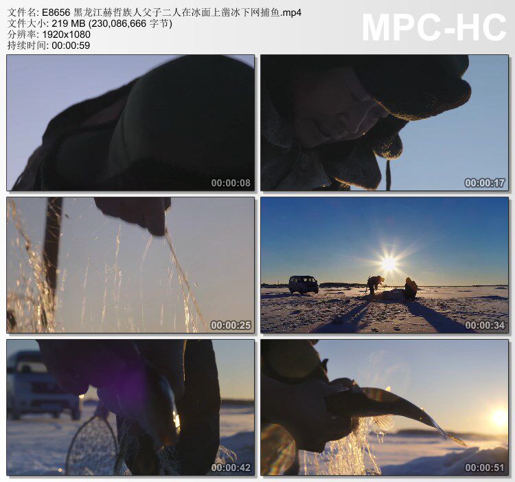 黑龙江赫哲族人父子在冰面上凿冰下网捕鱼 动态视频素材