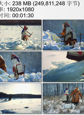 两位鄂伦春族妇女到冰封的河面上采集象证圣洁冰块 实拍视频素材