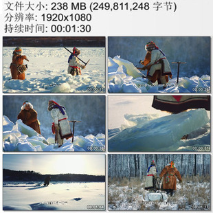 两位鄂伦春族妇女到冰封的河面上采集象证圣洁冰块 实拍视频素材