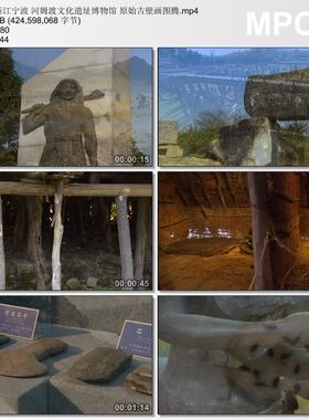 浙江宁波河姆渡文化遗址博物馆视频 原始古壁画图腾 实拍视频素材