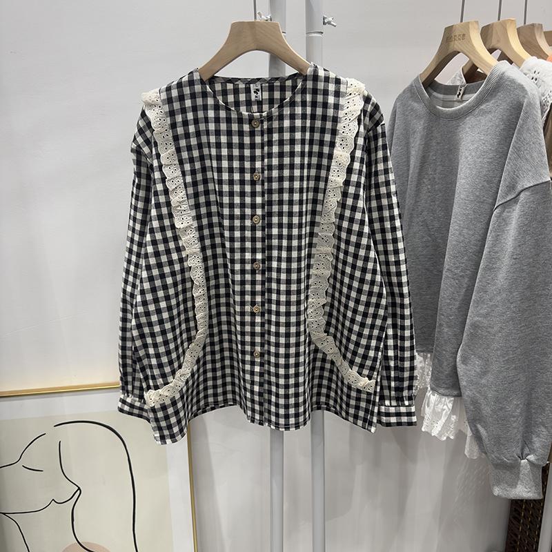 韩系温柔上衣女秋季复古格子衬衫