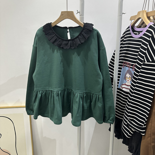 花边领卫衣宽松 娃娃版 彩色豆豆家秋冬新款 复古绿色厚毛圈棉长袖