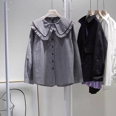 春秋款黑白小格子棉衬衫娃娃领