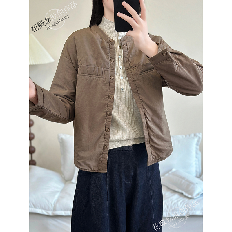 花概念圆领夹棉纯色衬衫复古休闲外套通勤百搭显瘦打底长袖棉衣女
