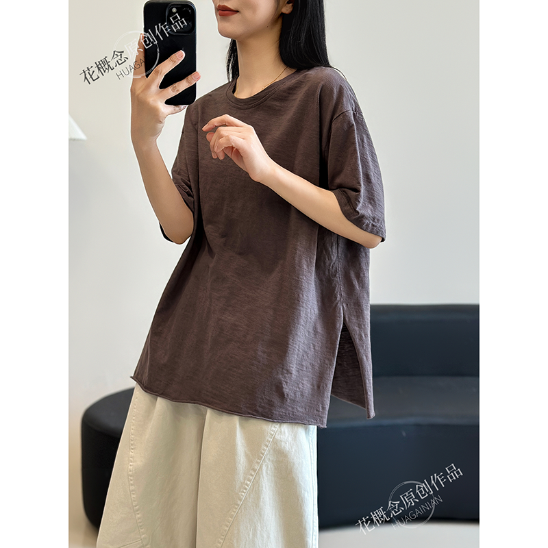 花概念夏季竹节棉宽松圆领纯色短袖T恤女松弛感下摆开叉百搭上衣