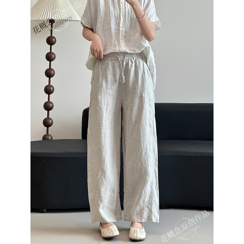 花概念高端文艺抽绳纯亚麻直筒裤夏季薄款麻料休闲显瘦九分弯刀裤,女装/女士精品,休闲裤,淘宝优惠券,粉丝福利购,淘宝优惠卷