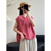 上衣女复古文艺宽松百搭显瘦套头衫 花概念设计款 贴布口袋亚麻无袖