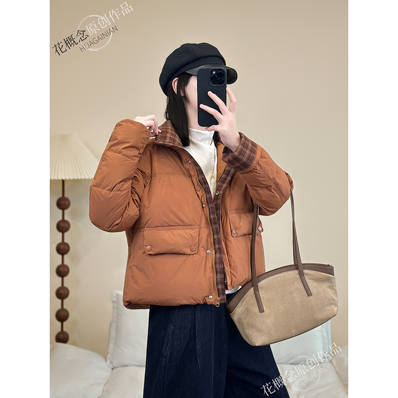 花概念格子拼接羽绒服重工高端冬季加厚长袖外套休闲文艺保暖上衣