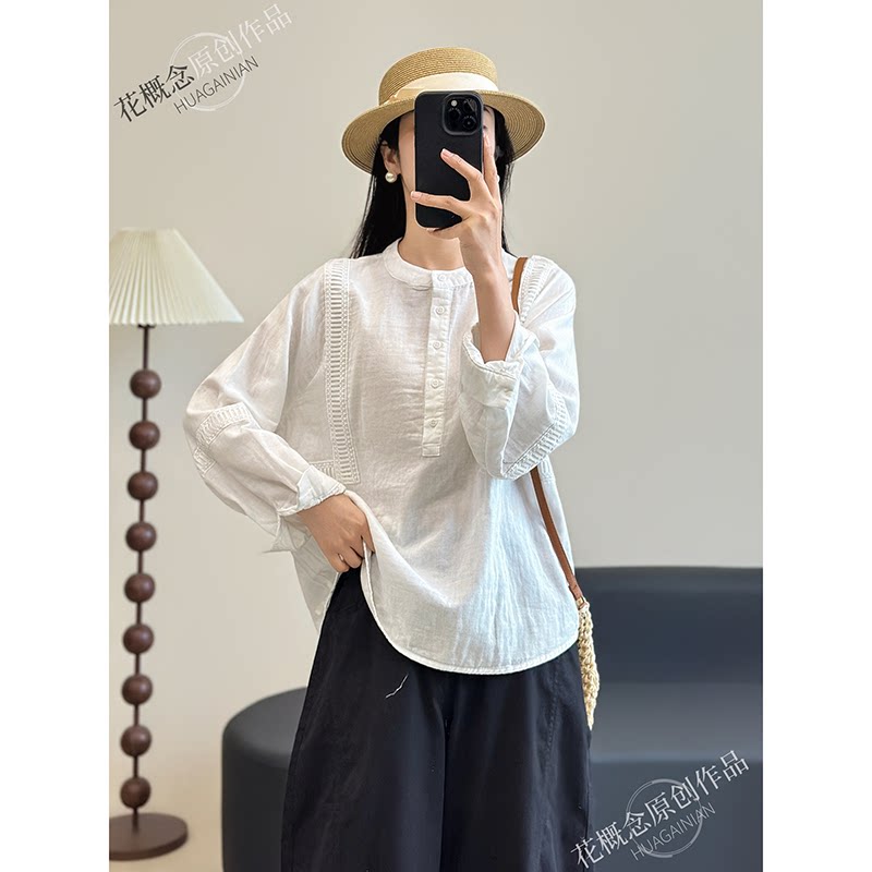 花概念文艺复古日系灯笼袖圆领衬衫女长袖宽松显瘦减龄棉纱上衣