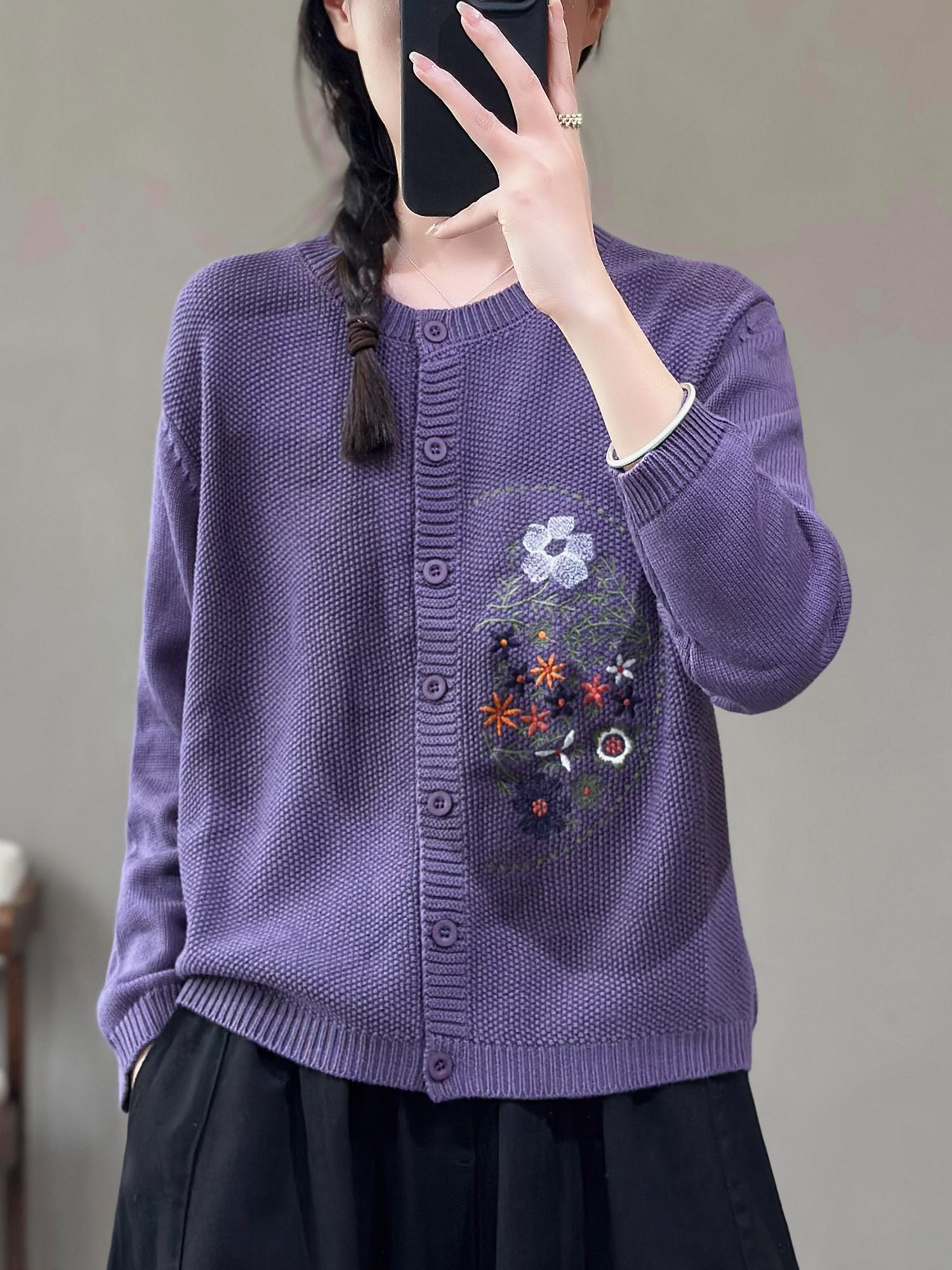 花概念宽松文艺纯色针织开衫