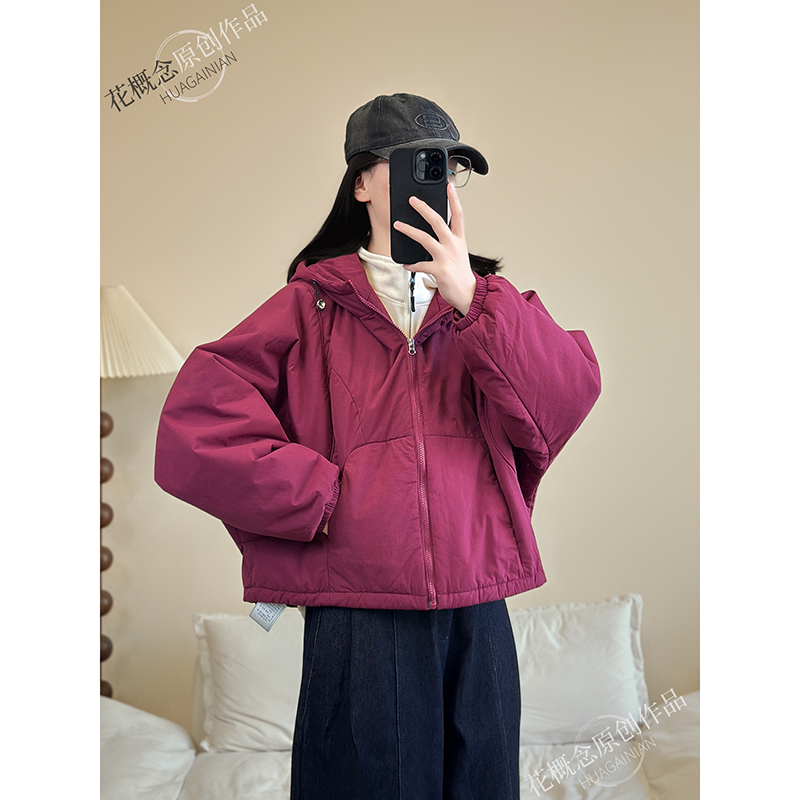 花概念秋冬百搭短款连帽棉服复古高密2025年新款保暖加厚通勤外套