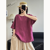 设计感圆领亚麻短袖 百搭纯色包边休闲上衣 宽松大码 T恤衬衫 女夏季