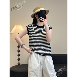上衣 花概念圆领条纹短袖 T恤女夏季 新款 百搭小个子显瘦内搭打底衫