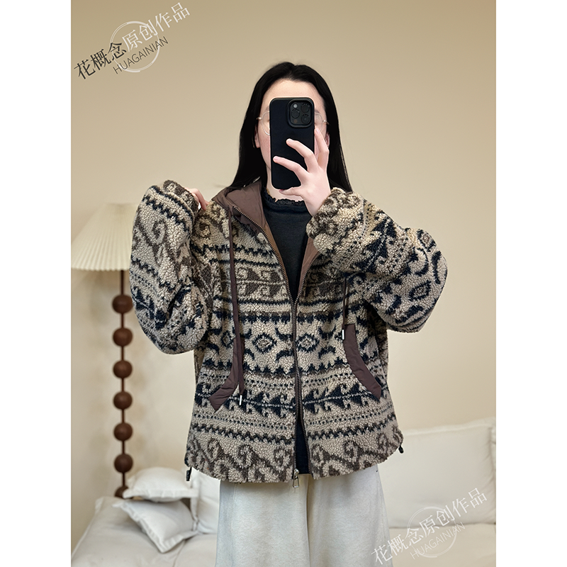 花概念连帽羊羔毛撞色棉衣冬季加厚民族风外套保暖洋气显瘦上衣女
