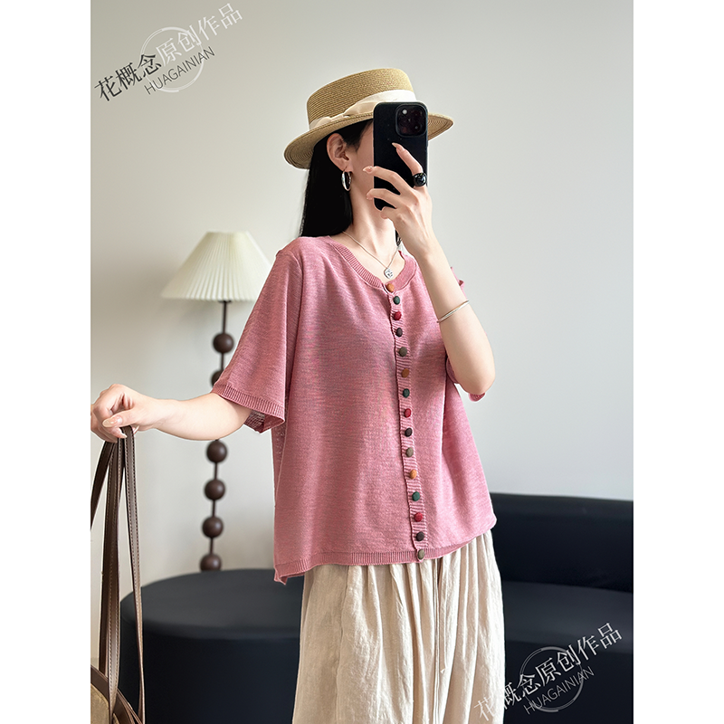 花概念2025夏季薄款彩扣针织开衫圆领短袖文艺复古风宽松显瘦外套