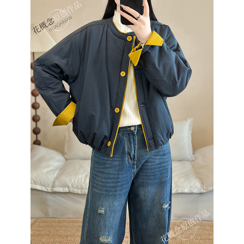 花概念经典圆领撞色短款棉服宽松韩系保暖显瘦加厚秋冬季外套上衣