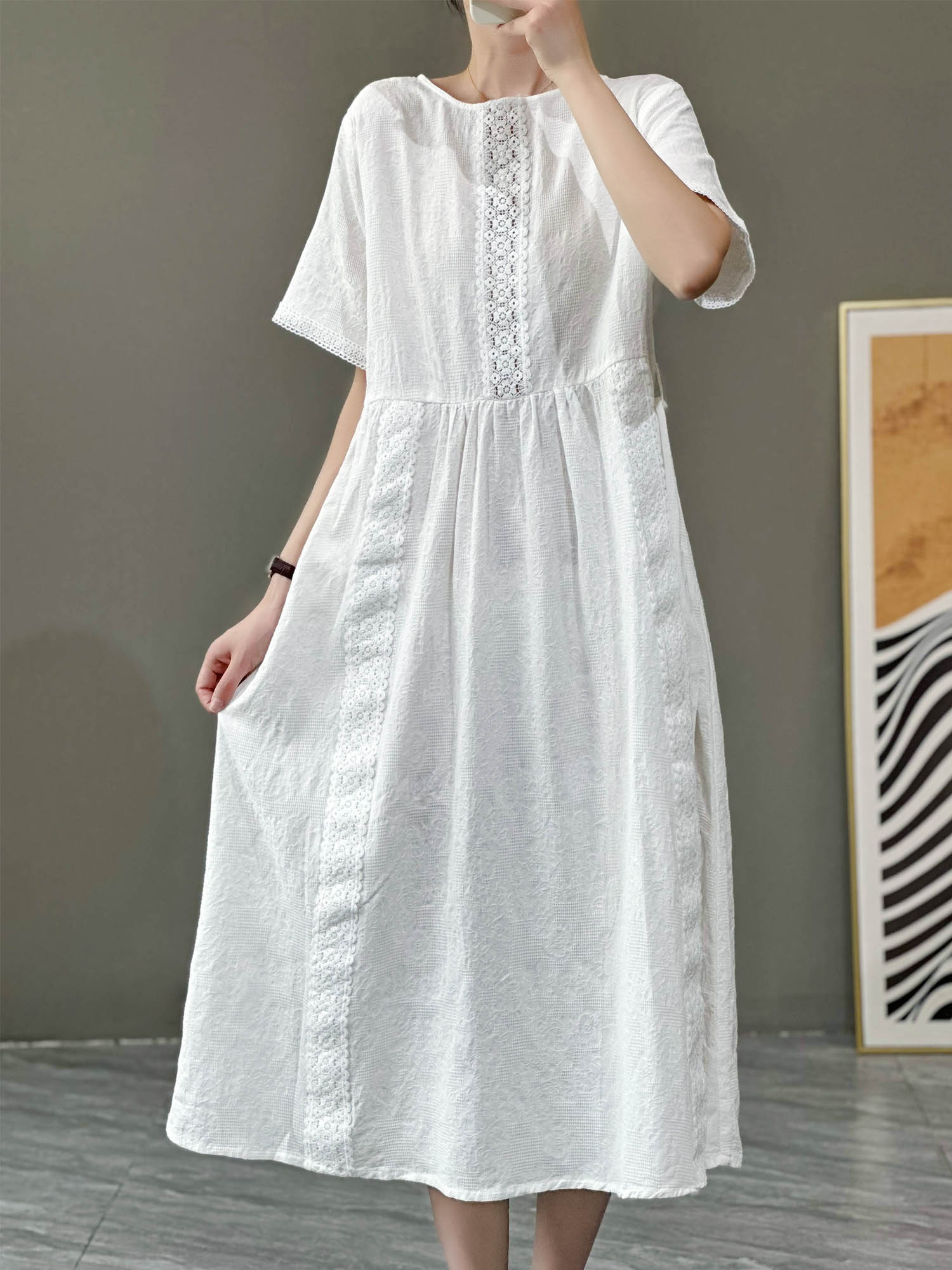 花概念夏季棉麻提花蕾丝拼接圆领连衣裙宽松休闲复古文艺气质长裙