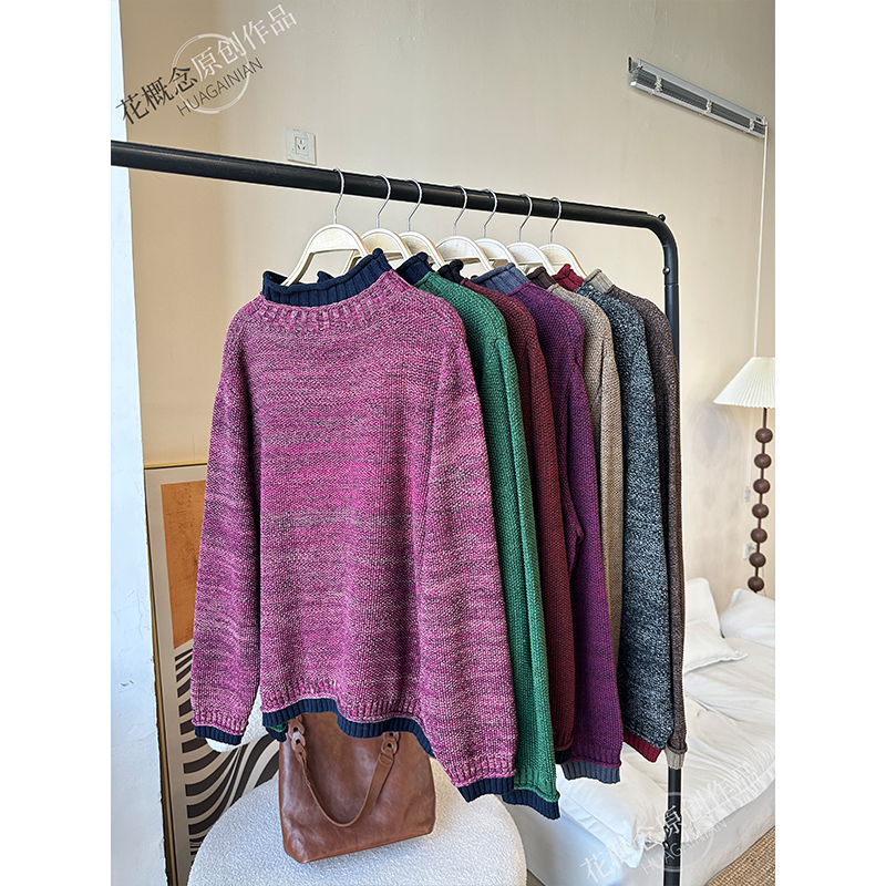 花概念复古花纱撞色针织衫女慵懒感半高领减龄休闲显瘦套头毛衣