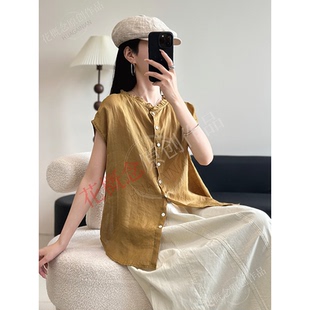 木耳邊立領(lǐng)苧麻女士T恤文藝復(fù)古氣質(zhì)套頭襯衫 花概念純色飛袖 上衣