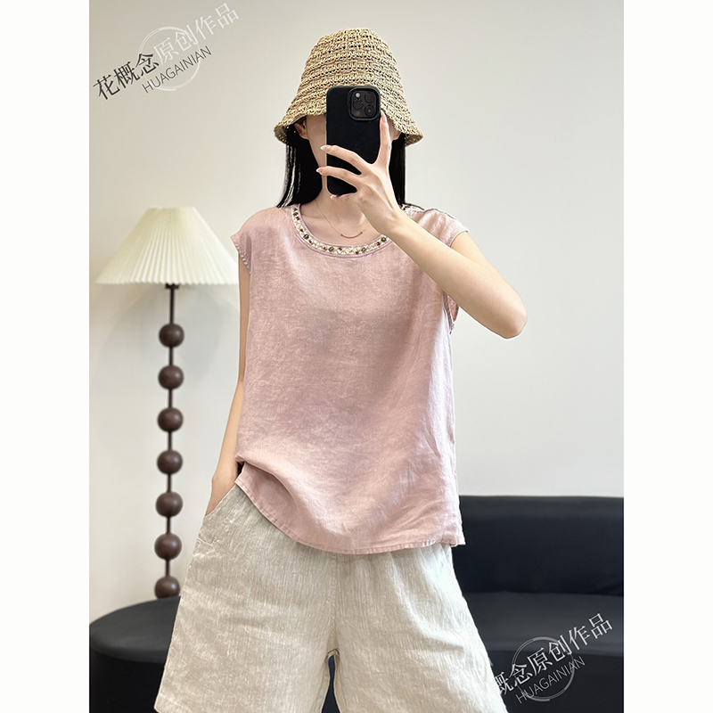 花概念设计感钉珠圆领亚麻衬衫