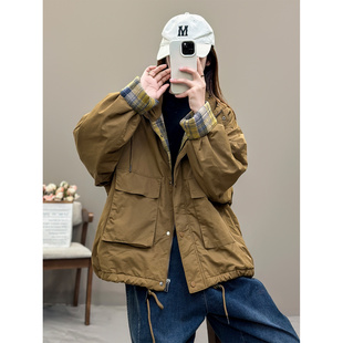 花概念冬季宽松日系连帽夹棉外套加厚保暖纯色大口袋休闲百搭棉服