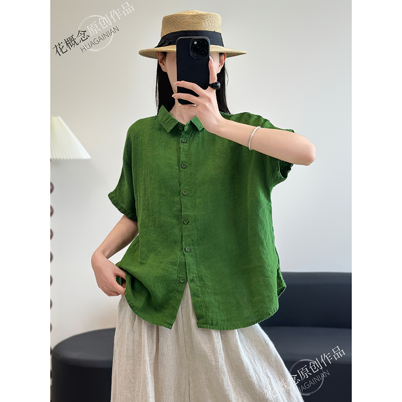 花概念轻奢高端系列亚麻单排扣翻领短袖上衣复古调性宽松百搭外套