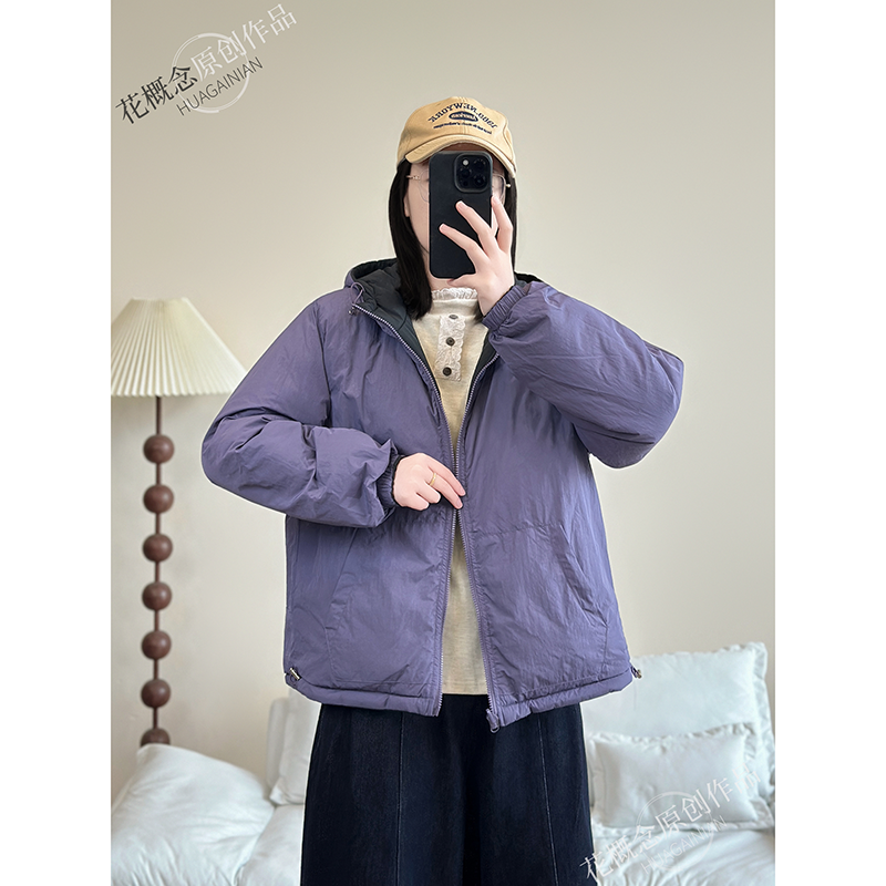 花概念秋冬新款拼色连帽双面穿棉服加厚保暖夹棉显瘦时尚外套