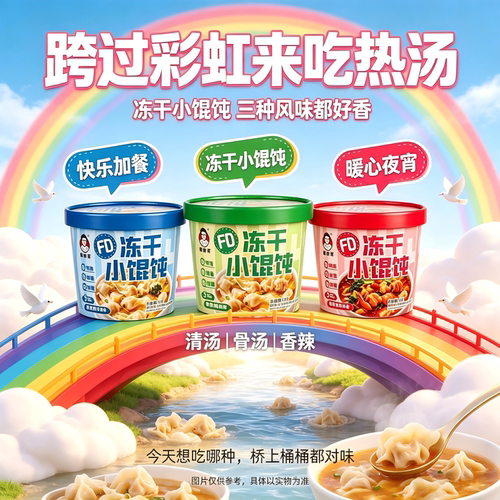 锁鲜FD冻干小馄饨桶装冲泡即食三种口味懒人早餐宿舍夜宵方便速食