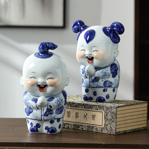 陶瓷雕塑品恭喜发财娃娃饰品摆件送礼景德镇大师雕塑瓷作品礼盒装