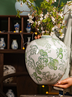 绿色长尾鸟半手绘花瓶田园风陶瓷花器客厅水培插花高级感装饰品